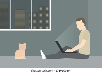 Man sitting on floor and working on laptop at night. Vector illustration. 