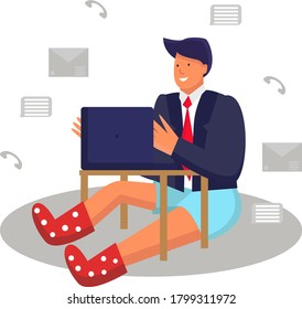 El hombre está sentado en el suelo y trabajando a distancia a través de una laptop. Un hombre con una chaqueta y pantalones cortos. Hogar. Ilustración vectorial de corte.