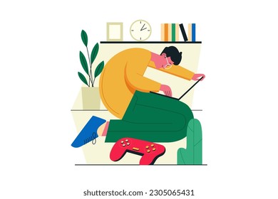 hombre sentado en el suelo Trabajando en el concepto de diseño de ilustración vectorial de su portátil