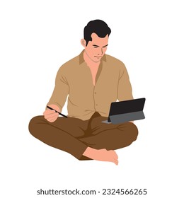 Man sitting on the floor and working with laptop. Vector illustration.
