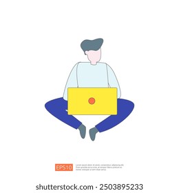 Man sitting on the floor working on laptop computer, simple line art illustration of digital nomad, freelancer or remote worker
