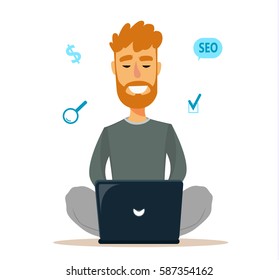Man sitting on the floor and working with laptop. Cartoon character for design. Creative young man uses his computed to earn money. Flat avatar. Vector illustration. EPS10