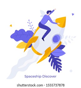 Man sitting on flying rocket, spaceship or spacecraft. Concept of space exploration, discovery, interstellar travel, trip or journey, startup company launch. Modern flat colorful vector illustration.