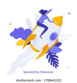 man sitting on flying rocket, spaceship or spacecraft. Concept of space exploration, discovery, interstellar travel, trip or journey, startup company launch. Modern flat colorful vector illustration.