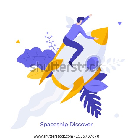Man sitting on flying rocket, spaceship or spacecraft. Concept of space exploration, discovery, interstellar travel, trip or journey, startup company launch. Modern flat colorful vector illustration.