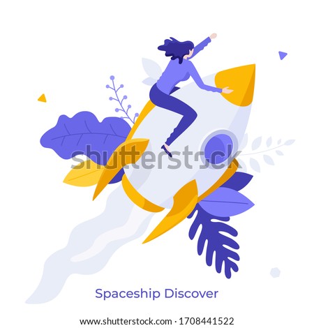 man sitting on flying rocket, spaceship or spacecraft. Concept of space exploration, discovery, interstellar travel, trip or journey, startup company launch. Modern flat colorful vector illustration.