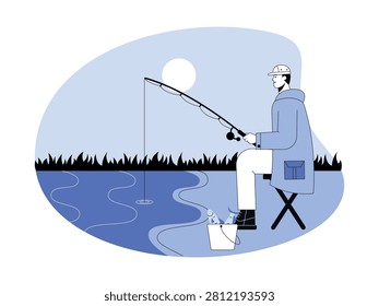 A man sitting on a folding chair by a grassy shore fishes with a bucket of caught fish at his feet.