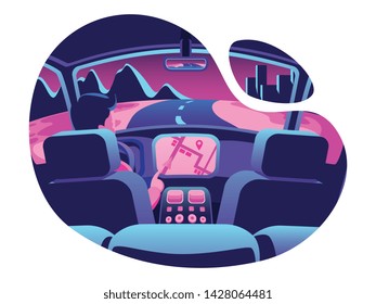 A man sitting on front seats of car moving along highway. Automobile driver and passenger, back view. Road journey, ride, trip. Trendy colorful vector illustration in modern cartoon style.