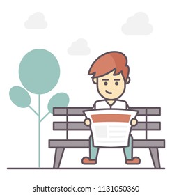 
Man sitting on a garden bench and reading newspaper 
