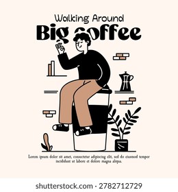 Man sitting on giant disposable coffee cup with OK gesture. Cozy cafe mascot with plant and shelves.