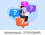 Man sitting on giant speech bubble with question mark using laptop to answer. Concept of online faq customer support, solving business problem, asking help, and digital Q and A solution.