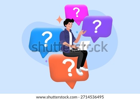 Man sitting on giant speech bubble with question mark using laptop to answer. Concept of online faq customer support, solving business problem, asking help, and digital Q and A solution.