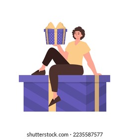 Ein Mann sitzt auf einem Geschenk. Trendy-Charakter-Stil.