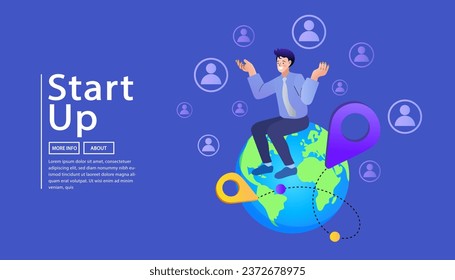 man sitting on globe. businessman change of address. We have moved. new location concept. Pin map in hand of young businessman. Cooperation interaction. world capital and investment. Flat Vector.