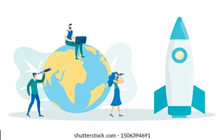 Man Sitting on Globe with Laptop Flat Cartoon Vector Illustration. Man looking throught Telescope and Girl with Binoculars. Rocket Ship for Start up and Development Projects, Creative Ideas.