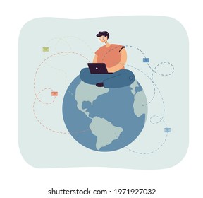 Man sitting on globe and sending emails. Male character with laptop writing letters flat vector illustration. Communication, global network concept for banner, website design or landing web page