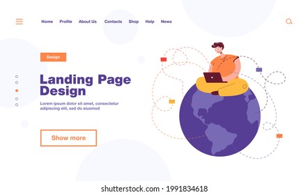 Man sitting on globe and sending emails. Male character with laptop writing letters flat vector illustration. Communication, global network concept for banner, website design or landing web page