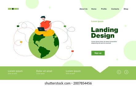 Mann, der auf der Erde sitzt und E-Mails verschickt. Männlicher Charakter mit Laptop schreiben Buchstaben flach Vektorgrafik. Kommunikation, globales Netzkonzept für Banner, Website-Design oder Landing-Webseite
