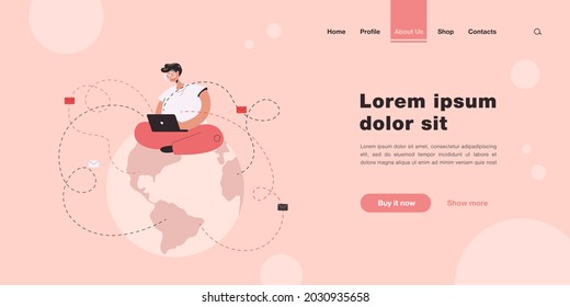 Man sitting on globe and sending emails. Male character with laptop writing letters flat vector illustration. Communication, global network concept for banner, website design or landing web page