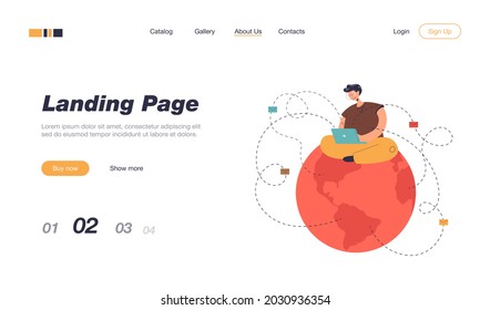 Man sitting on globe and sending emails. Male character with laptop writing letters flat vector illustration. Communication, global network concept for banner, website design or landing web page