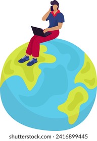 Mann, der auf dem Globus sitzt und am Laptop arbeitet und telefoniert. Remote-Arbeiter Multitasking, digitaler Nomad-Lifestyle. Globale Kommunikation, freiberufliche Arbeit, Vektorgrafik.