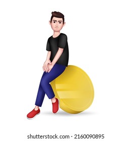 Man Sitting on the Gold Coin. Full length Graphic Character on White Background. Vector illustration