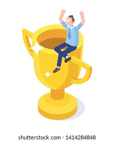 Man sitting on the gold winner cup. Success isometric vector illustration. Business ma celebrating victory.