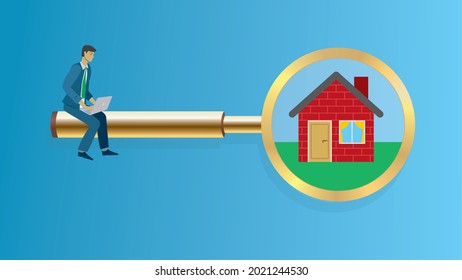 Man sitting on golden magnifying glass with laptop. House in the lens. Vector illustration. Dimension 16:9