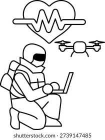 A man is sitting on the ground with a laptop in front of him. He is wearing a backpack and a jacket. Concept of adventure and exploration, as the man is likely on a mission or an expedition
