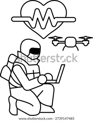 A man is sitting on the ground with a laptop in front of him. He is wearing a backpack and a jacket. Concept of adventure and exploration, as the man is likely on a mission or an expedition
