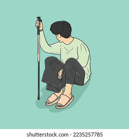Man sitting on the ground while holding tracking pole isolated on Green background vector modern illustrations