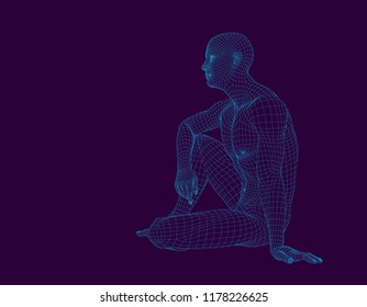Man sitting on the ground. Wireframe human body. Vector outline illustration. Side view.