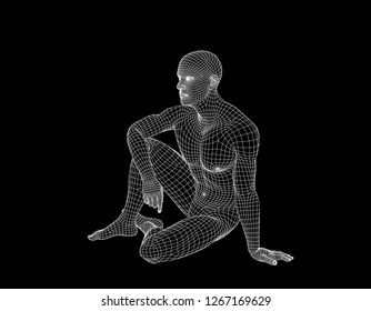 Man sitting on the ground. Wireframe human body. Vector outline illustration.