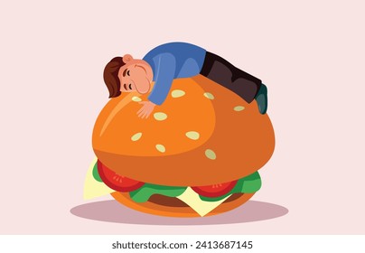 
Man Sitting on a Hamburger Vector Cartoon Character Design. Fast food lover enjoying a big oversized sandwich 
