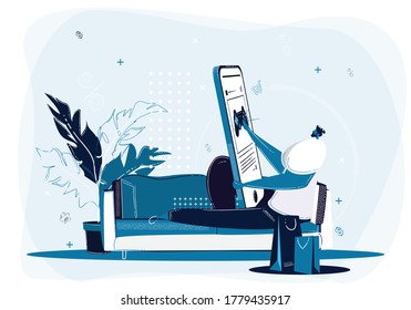 Hombre sentado en su sofá y comprando en su smartphone. ilustración vectorial del concepto de comercio electrónico.  Elementos azul claro sobre fondo blanco.