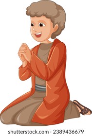 Un hombre sentado sobre su rodilla en oración, representado en un estilo de ilustración de caricatura