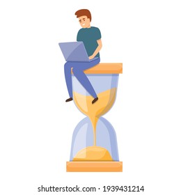 Man sitting on Hourglass, time management icon. Cartoon of Hourglass time management vector icon for web design isolated on white background