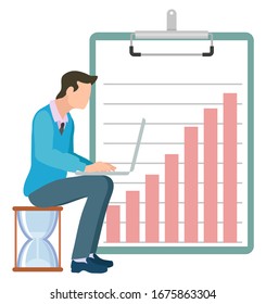 Man sitting on hourglass and typing on laptop, clipboard with growing graphs on background. Vector isolated businessman, time management concept. Business education
