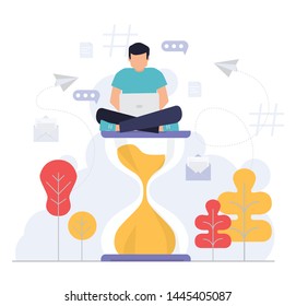 man sitting on an hourglass and working on his laptop, business process concept, vector illustration