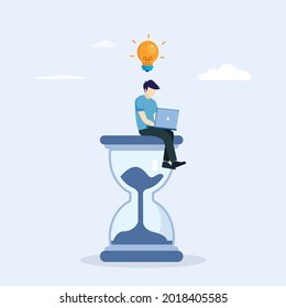 Man sitting on an hourglass and working on her laptop. Time management, multitasking, working productivity.Flat vector template Style Suitable for Web Landing Page.