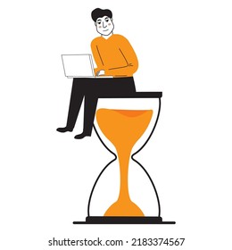 Hombre sentado en un reloj de arena y trabajando en un portátil.Productividad y administración del tiempo.Concepto de línea de tiempo.Ilustración vectorial dibujada a mano.