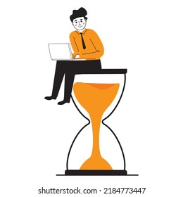 Man sitting on an hourglass and working on laptop.Productivity and time management.Deadline concept.Hand drawn vector illustration.