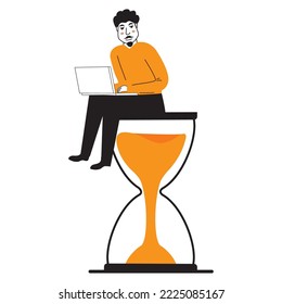 Man sitting on an hourglass and working laptop procrastination.Time management deadline concept.Hand drawn vector illustration.Alarm clock.