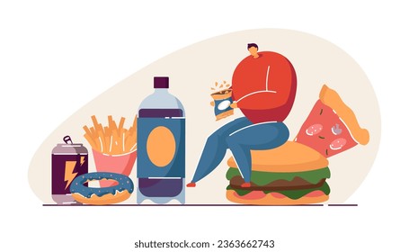 Hombre sentado en una enorme burguesa comiendo chips de ilustración vectorial. Dibujo de dibujos animados de un hombre con sobrepeso y aperitivos poco saludables. Comida chatarra, dieta, nutrición, obesidad, concepto de salud