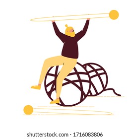 Man is sitting on knitting ball and holding knitting needlein his hands. 