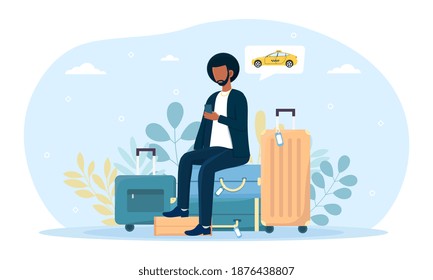 Man sitting on laggage and waiting for taxi cab. Male passenger with big luggage suitcases ordering taxi car for a trip. Flat cartoon vector illustration