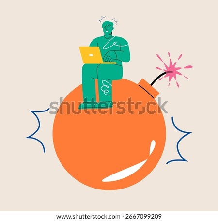 Man sitting on large bomb. Crisis concept. Colorful vector illustration 


