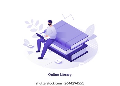 Man sitting on large books and using laptop for online learning. Isometric vector illustration for web library, education, website, advertising.