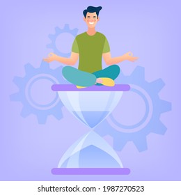 Man sitting on a large hourglass.  Time management. Businessman rationally use work hours for professional success. Vector illustration in modern flat.