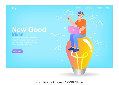Man sitting on large light bulb. Idea, innovation, solution concept. Businessman pointing finger means having a good idea for a business start vector illustration.
